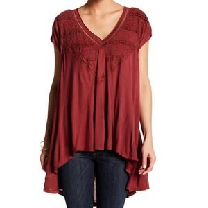 Free People Abigail Lace-Detail Short Sleeve V-neck maroon sz S